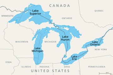 Great Lakes of North America, political map. Lake Superior, Michigan, Huron, Erie and Lake Ontario. A series of large interconnected freshwater lakes on or near the border of Canada and United States. - 566675851