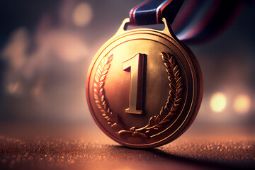 Gold medal with ribbon on blurred background. Generative AI - obrazy, fototapety, plakaty
