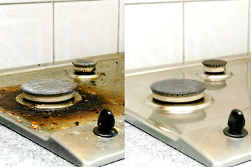 Collage of cleaning dirty and clean gas stove from grease, food leftovers bits of food before -...