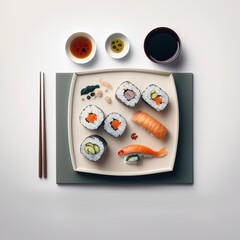 Top view sushi with salmon and chopsticks 