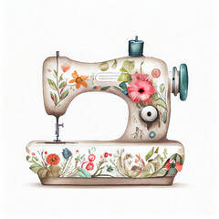 Floral sewing machine. Watercolor illustration created with Generative Ai technology