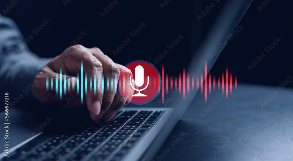 Poster Businessman voice recording the conversation via computer with customers, telemarketing, consulting, voice assistance access to information and applications, write a message and send a message.