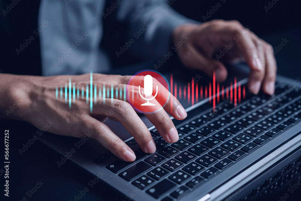 Aufkleber Businessman voice recording the conversation via computer with customers, telemarketing, consulting, voice assistance access to information and applications, write a message and send a message.