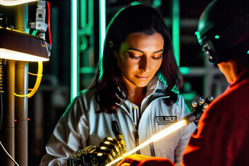 Fototapeta na wymiar Italian cyborg woman with prosthetic arm in mechanics shop working on futuristic technology close up photo portrait with neon lights Generative AI Photo