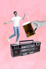 Vertical artwork poster retro cassette player young man careless wear eyeglasses drunk alcohol cup lager beer isolated on pink color background