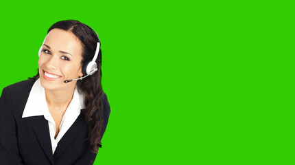 Call center service. Portrait image of female customer support phone sales operator in headset....