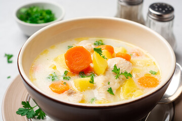 Creamy fish chowder soup in bowl on concrete background