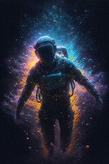 Fototapeta premium Generative ai astronaut floating zero gravity in outer space. Discovery, exploration concept
