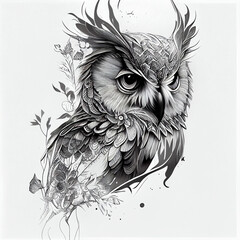 owl portrait black and white drawing on a white background