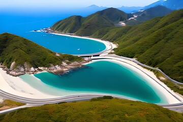 aerial picture of a curvy road next to the ocean in Koreas Namhae gun. Generative AI
