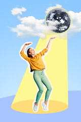 Photo artwork poster minimal collage party dance hall shining disco ball dancing girl carefree...