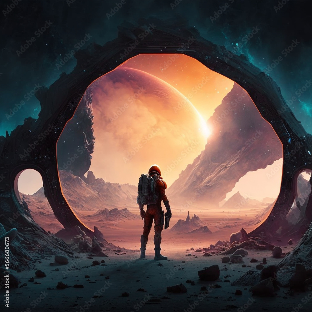 Wall mural generative ai astronaut exploring planet watching outer space. science fiction illustration of cosmo
