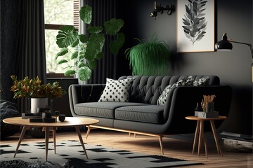 Modern design interior. Scandinavian furniture.  black sofa. Generative AI