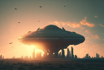 Generative ai science fiction scene with alien spaceship. Extraterrestrial visitors in flying saucer over city.