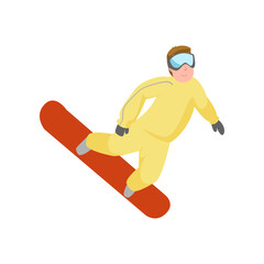 Active man snowboarding. Male character with snowboarding equipment sliding down cartoon vector illustration. Winter activities concept