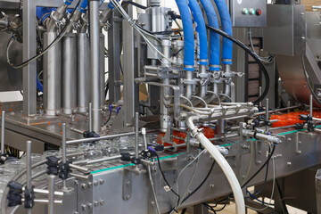 Closeup view of red caviar packaging system.