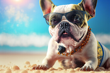 Fototapeta na wymiar Cute french bulldog in swimming suit on beach in summer, Generative AI