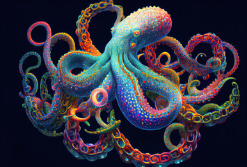 Colorful octopus swimming underwater. Generative Ai Art. Rainbow colors.