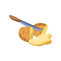 Knife cutting potato vector illustration. Products and ingredients, cut vegetables for preparing healthy meal on white background. Food, nutrition, kitchen utensils concept