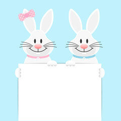 2 Weiße Osterhasen Mädchen Und Junge Halten Kleines Schild Himmel