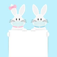 Obraz premium 2 Weiße Osterhasen Mädchen & Junge Maske Halten Kleines Schild Himmel