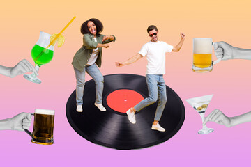 Creative magazine template collage of buddies meeting enjoy night club fun drink alcohol bar assortment