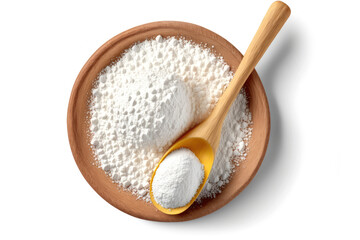 Top view of wooden spoon and bowl full of corn starch isolated on white