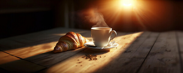Picture depicts a croissant and coffee in the morning.