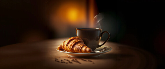 Picture depicts a croissant and coffee in the morning.