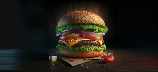A juicy burger on a table, depicted in realistic style