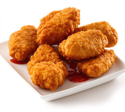 Fried chicken nuggets with ketchup isolated on White background