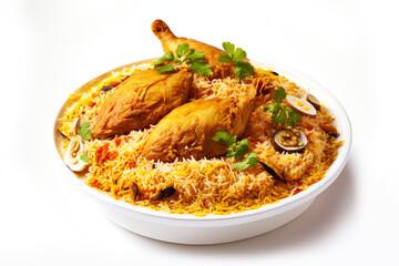 Isolated delicious spicy chicken biryani in white bowl on white background, Indian or Pakistani ramzan food. Beautiful view of traditional spicy indian food, Iftar meal, Ramadan dinner.