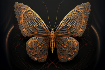 Ornate bronze design of a mechanical butterfly. Generative AI, this image is not based on any original image, character or person.	
