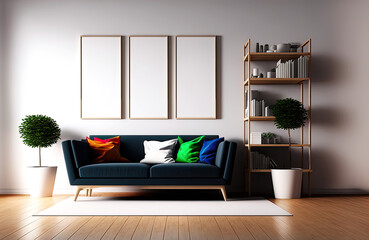 Interior Poster Mock Up Living Room with Black Sofa