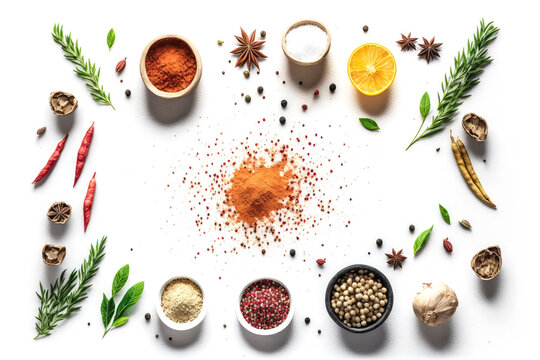 Assortment of spices and herbs on white background. 