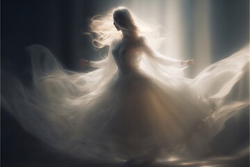 Woman in an Ethereal, soft angelic whimsical dance energy.  Generative AI, this image is not based on any original image, character or person.	
