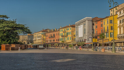 historic centre of Verona city: Restaurants and tourists in front of the Arena, Piazza Bra, Verona,...