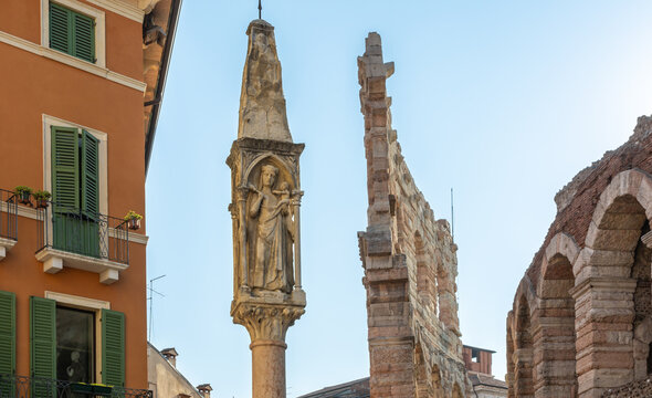 ancient gothic votive shrine depicting the Madonna and Saints in Piazza Brà, Verona city, Veneto region - Europe