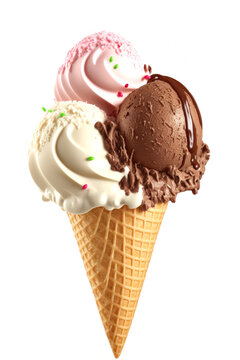 Chocolate ice cream / strawberry ice cream / vanilla ice cream scoop with cone sprinkles and chocolate syrup isolated on white background