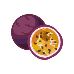 Fototapeta premium Colorful maracuya or passion fruit vector illustration. Exotic summer fruit for vitamin menu. Fresh tropical food isolated on white background. Superfood, nature concept