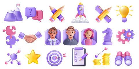3D teamwork partner vector icon set, handshake, puzzle, person avatar, partnership project funnel. Business management strategy, success cup, startup rocket. 3D teamwork user connect company concept