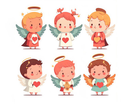 Cute baby angels flat illustrations set. Adorable little children with wings cartoon characters. Cheerful boys and girls holding hearts on white background. Valentine's day. (ai generated)
