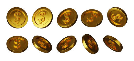 3D golden flying coin set, game UI casino money icon, realistic render animation metal medal side. Gambling bet finance winner illustration dollar cash reward sign. Golden coin premium jackpot clipart