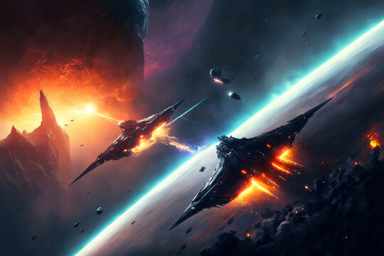 Large alien space battle featuring large spaceships and alien planets in the background. Generative AI, this image is not based on any original image, character or person.	
