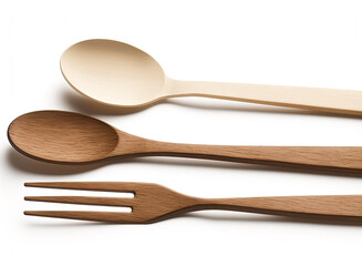Wooden spoons and fork on isolated on white background