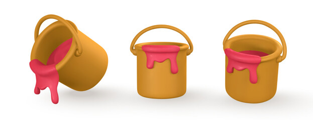 3d realistic yellow bucket of red paint in cartoon style. Vector illustration