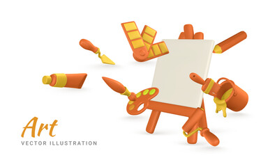 Art concept. 3d realistic tools for paint. Easel, paint tube, brush, roller brash, palette knife, color palette, pencil and tin of paint in cartoon style. Vector illustration