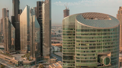 Fototapeta na wymiar Dubai international financial center skyscrapers aerial morning .