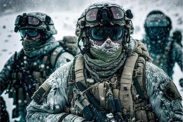 Special forces. Soldiers in the snow. Generative AI