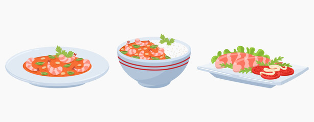 Cartoon shrimps dishes. Asian cuisine, Japanese and Korean traditional food, seafood plates flat vector illustration on white background